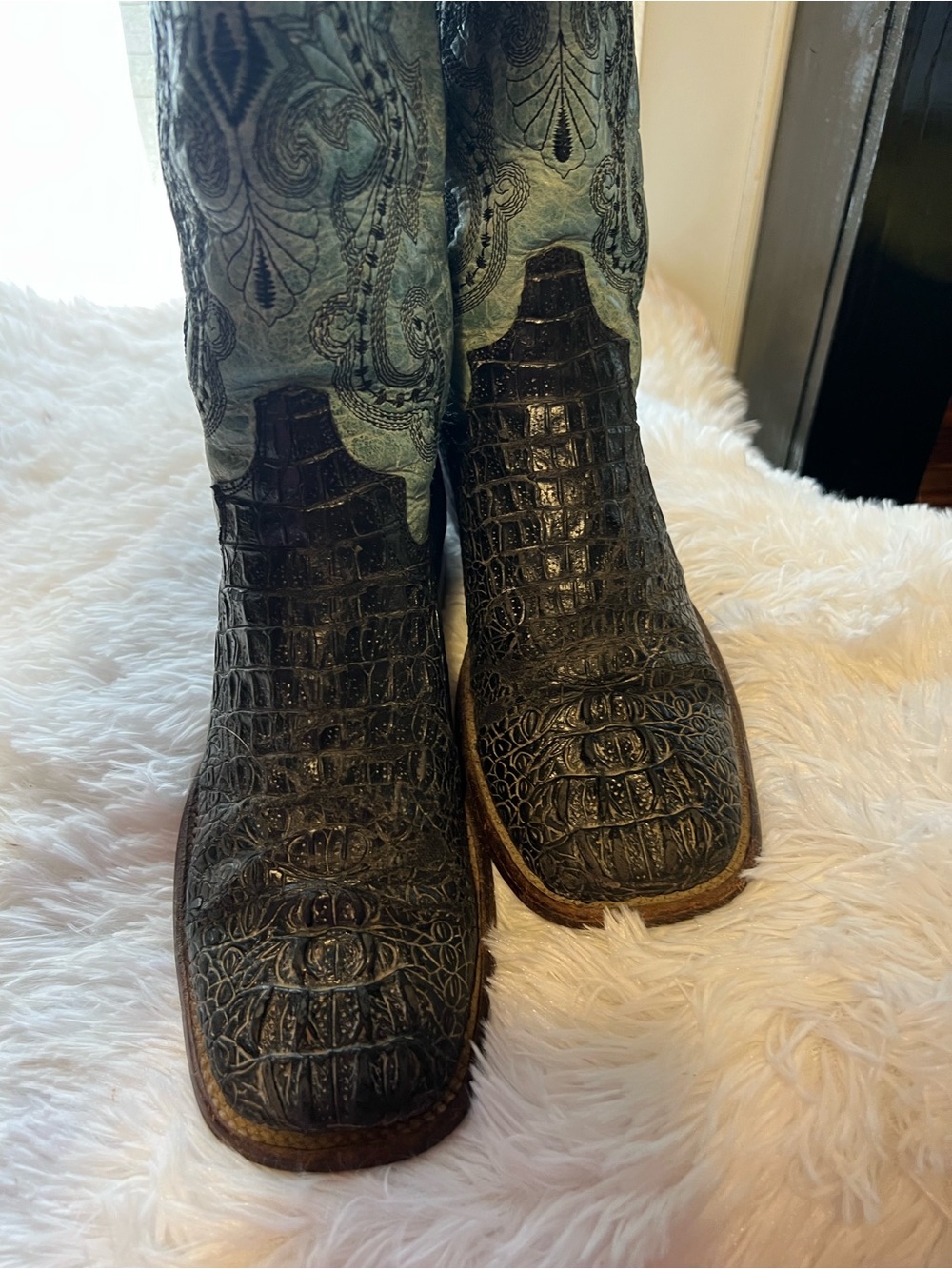 Ferrini Black Croc-Embossed Leather Western Boots with Teal Stitching
